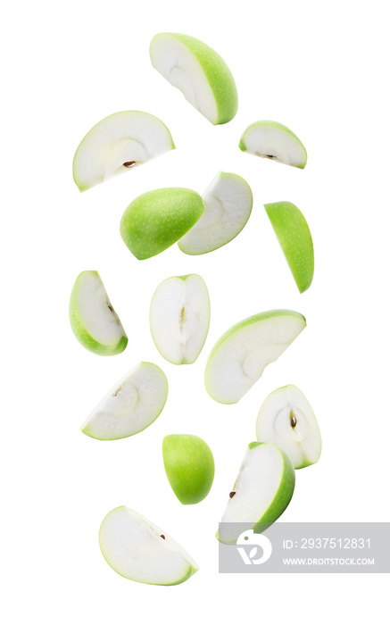 Slice ripe green apple falling isolated on white background with clipping path.