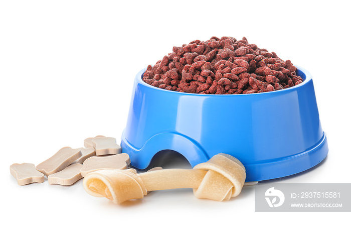 Bowl with dry pet food on white background