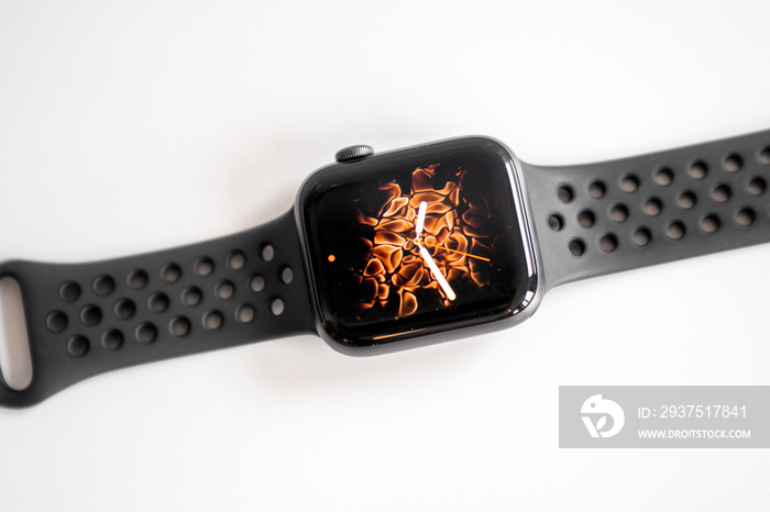 Smart watch isolated with display fire background on white background.