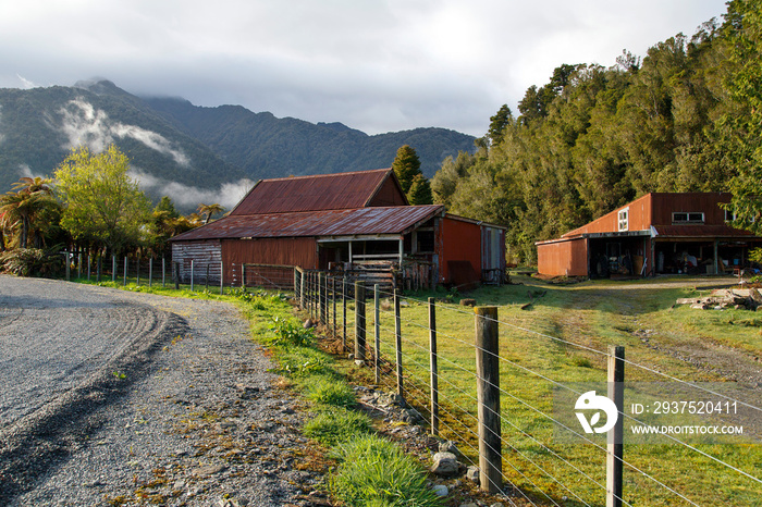 Farm outbuildings in a rural location in Westland, New Zealand.