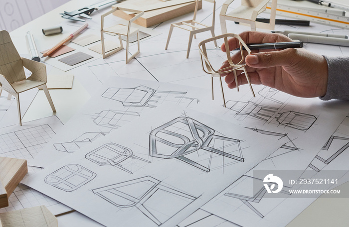 Designer sketching drawing design development product plan draft chair armchair Wingback Interior fu