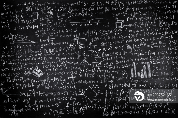Blackboard inscribed with scientific formulas and calculations in physics and mathematics, backgroun