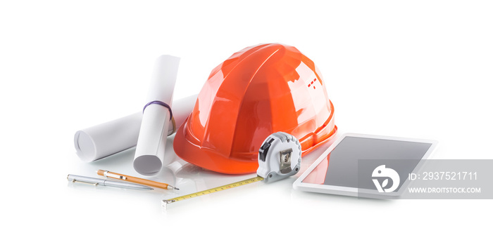 Construction tools and equipment. helmet tape measure with modern technology tablet