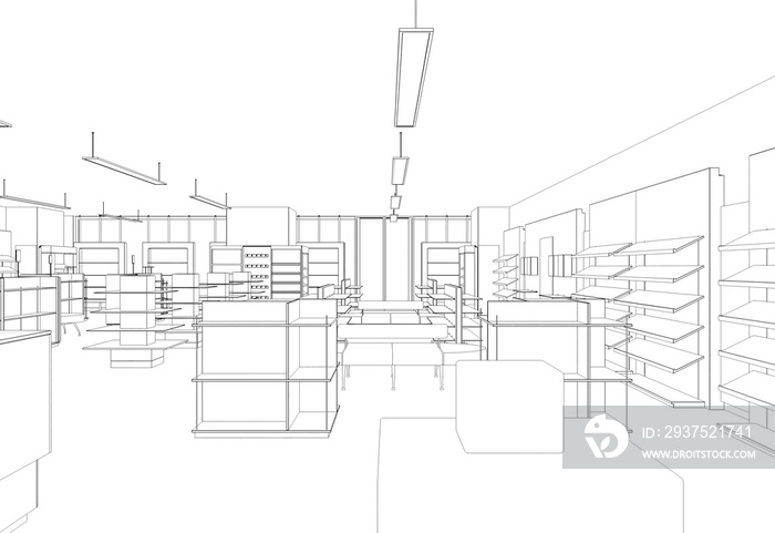 shop, store, contour visualization, 3D illustration, sketch, outline