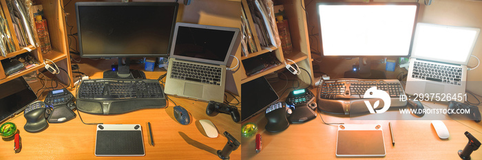 workspace of a digital artist. different light shemes. realistic lifestyle photography