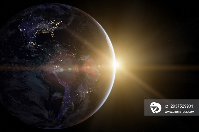 地球在太空中。美丽的日出。这张图片的元素由美国国家航空航天局提供。