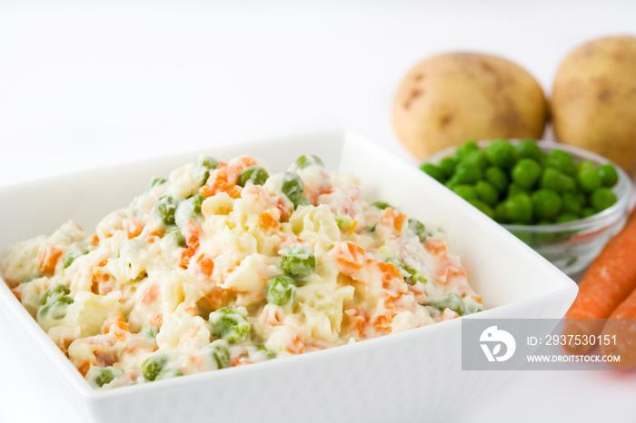 Russian salad and ingredients isolated on white background