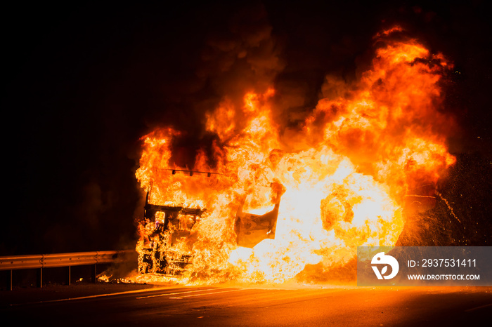 Burning truck on the highway