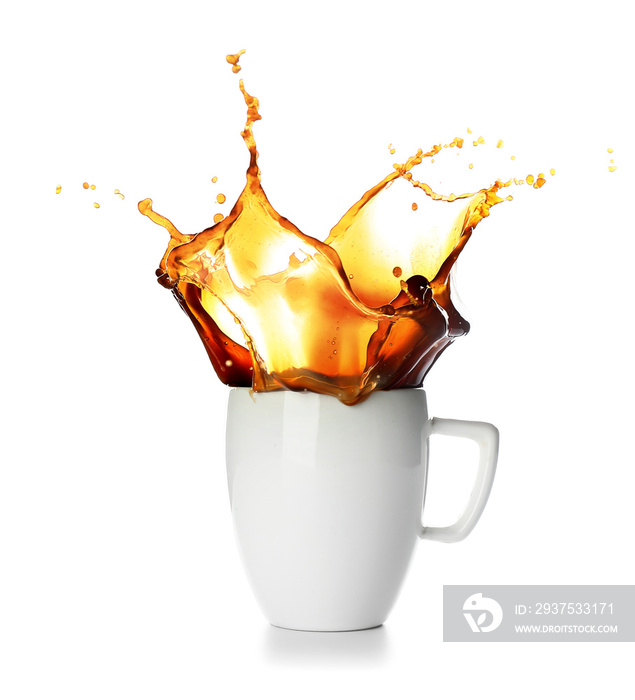 Splash of coffee in cup on white background