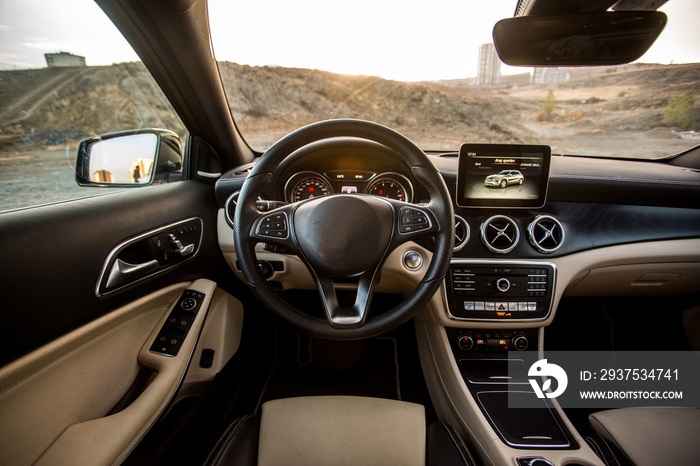 Interior of a car, beige leather seats