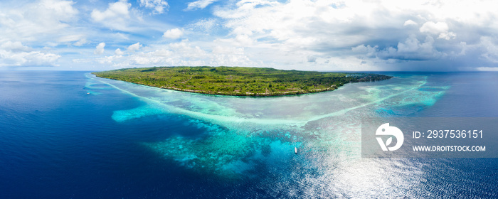 Aerial view tropical beach island reef caribbean sea. Indonesia Wakatobi archipelago, Tomia Island, 