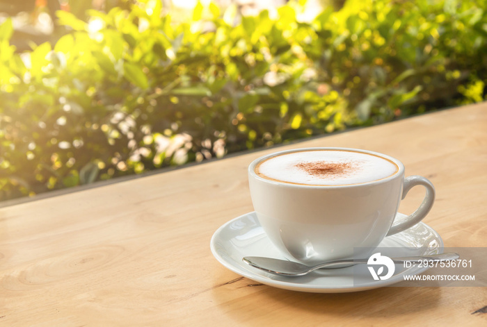 Side view of Hot cappuccino coffee in a white cup on the wooden table in a coffee shop and natural l