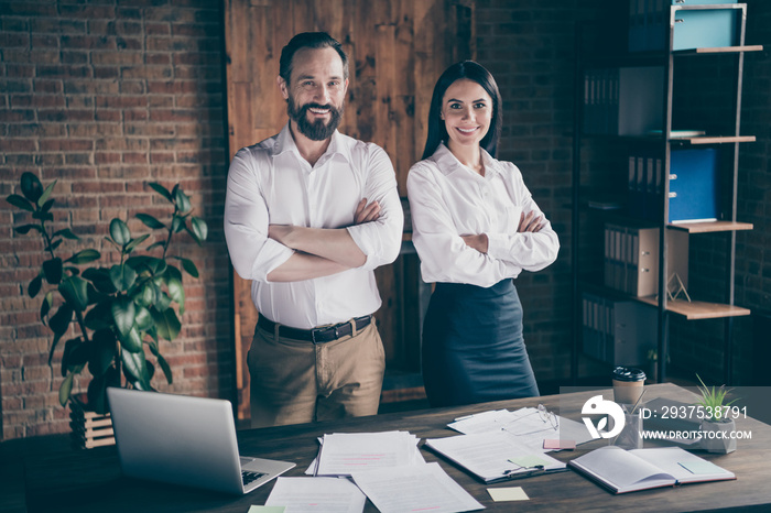 Photo of two colleagues assistant young lady mature boss guy man preparing report desktop full paper