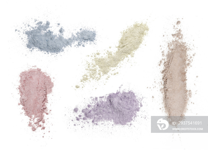 Cosmetic or make up powder samples isolated on white.