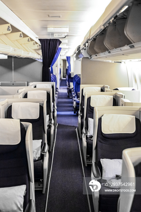 Interior view of Empty Airplane seats on board a jet liner