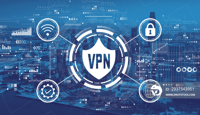 VPN concept with downtown San Francisco skyline buildings