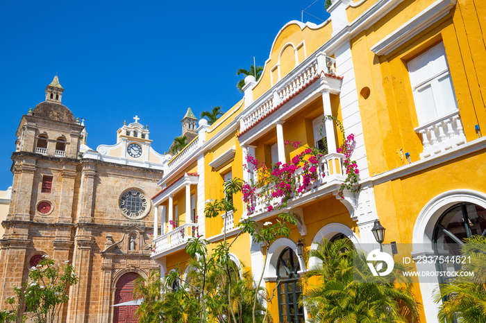 Famous colonial Cartagena Walled City (Cuidad Amurrallada) and its colorful buildings in historic ci