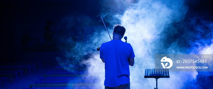 View from the back of a man playing the violin on stage