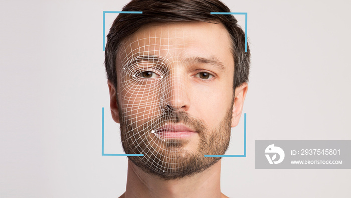 Serious european millennial male with stubble, double exposure with digital identity