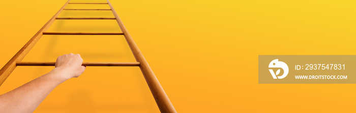 Career Growth. Woman Moving Up Ladder Over Orange Wall