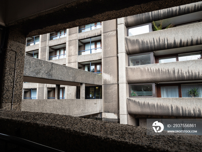 The Barbican Estate, London. The brutalist architecture of the iconic residential housing estate and