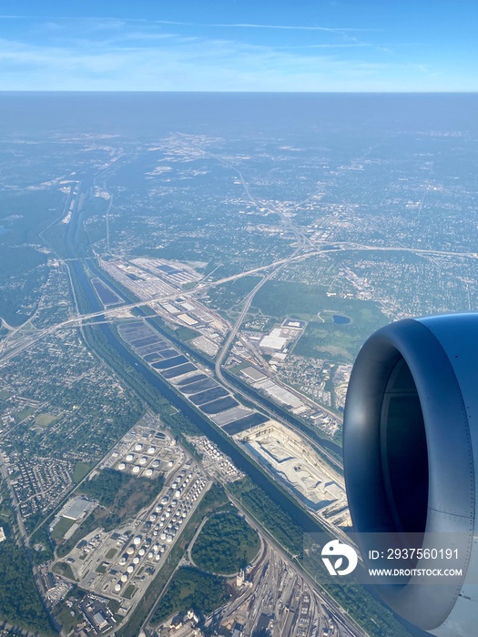 View from the airplane window shortly after takeoff from Chicago OHare International Airport.