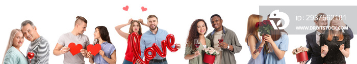 Young transgender couple with flowers on white background. Valentines Day celebration