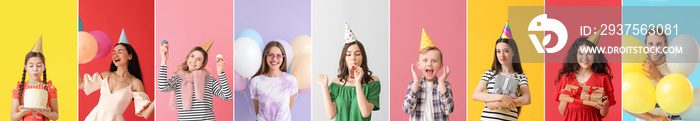 Group of people celebrating Birthday on color background