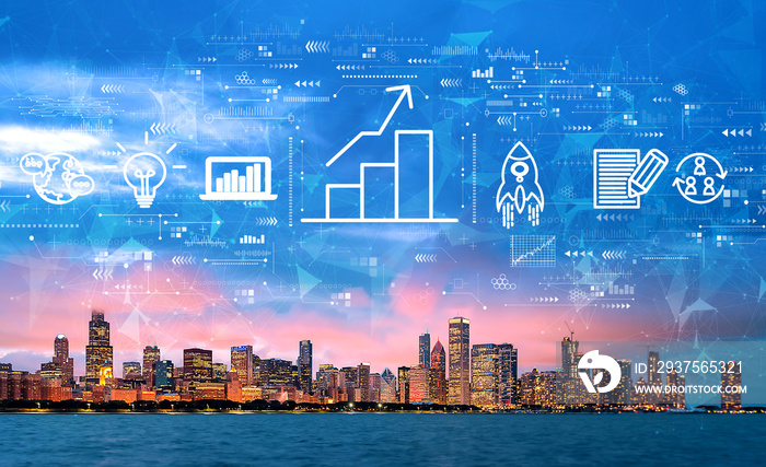 Business growth analysis with downtown Chicago cityscape skyline with Lake Michigan