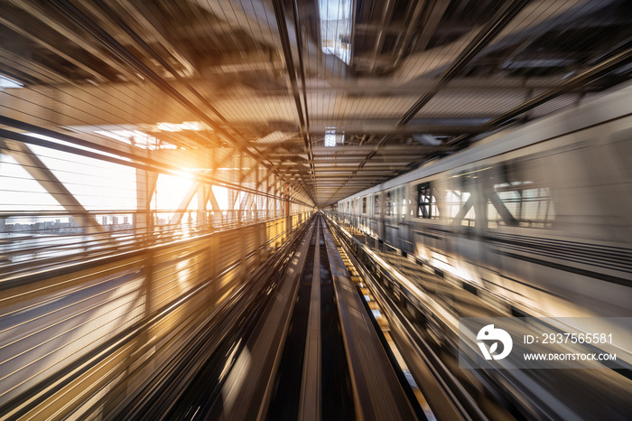 Motion blur of Automatic train moving inside tunnel in Tokyo, Japan.