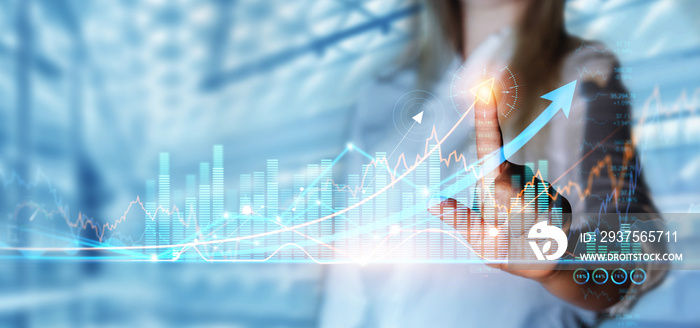 Growing business in times of crisis. Business woman draws growth arrow graph chart. Global business 