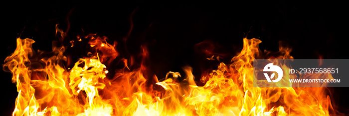 panorama fire flames on black background