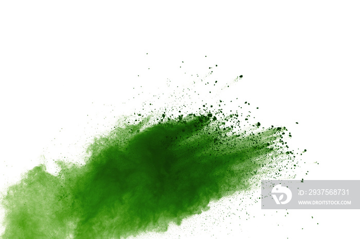 白色背景下隔离的绿色粉末爆炸。
