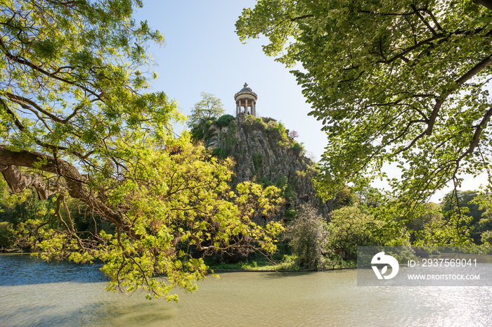 Temple de la Sibylle at the top of a rock in the middle of a lake