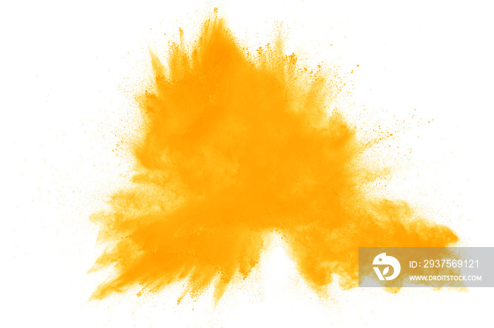 Yellow powder explosion on white background.