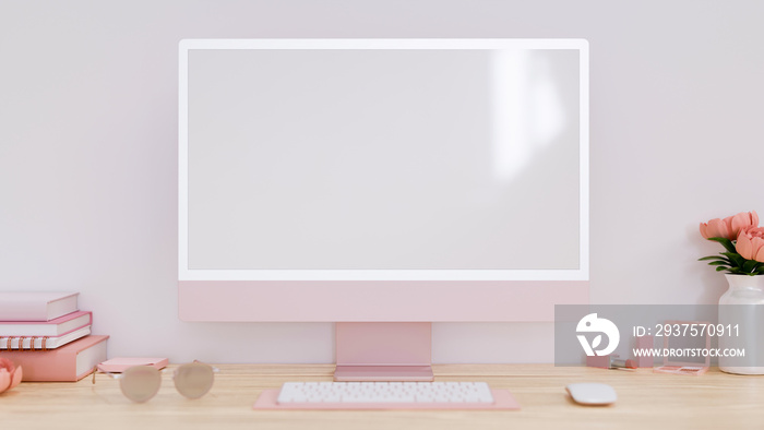 Stylish workspace with modern pink desktop computer mockup