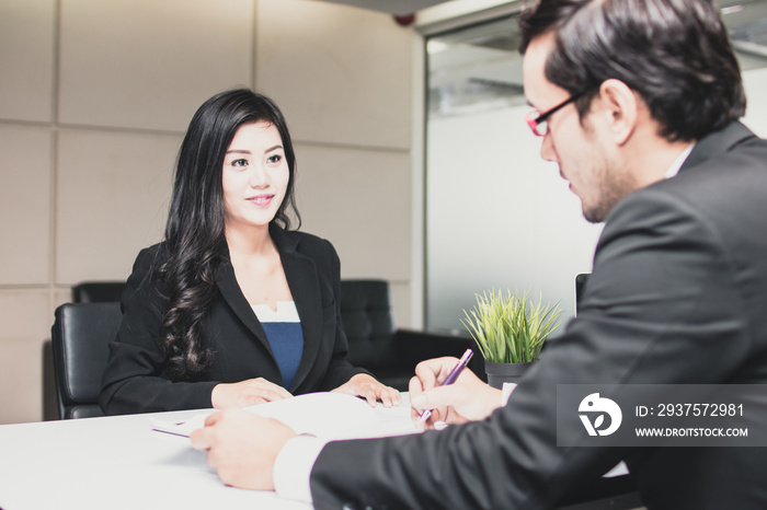 Job interview businessman listen to candidate answers and check information