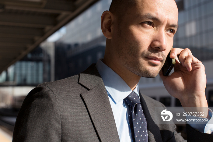 Businessman on phone at railroad station