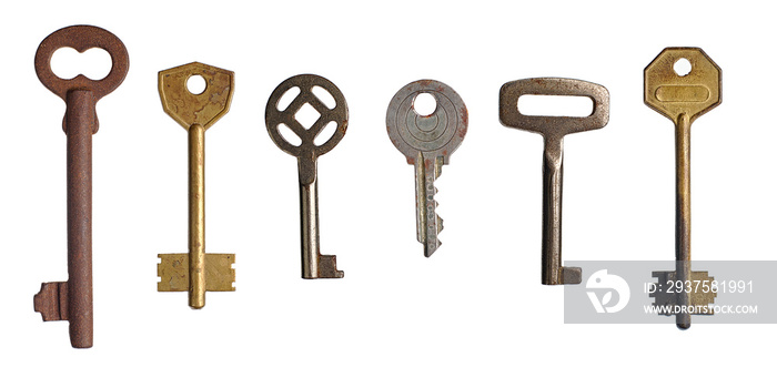 Old keys isolated on white background