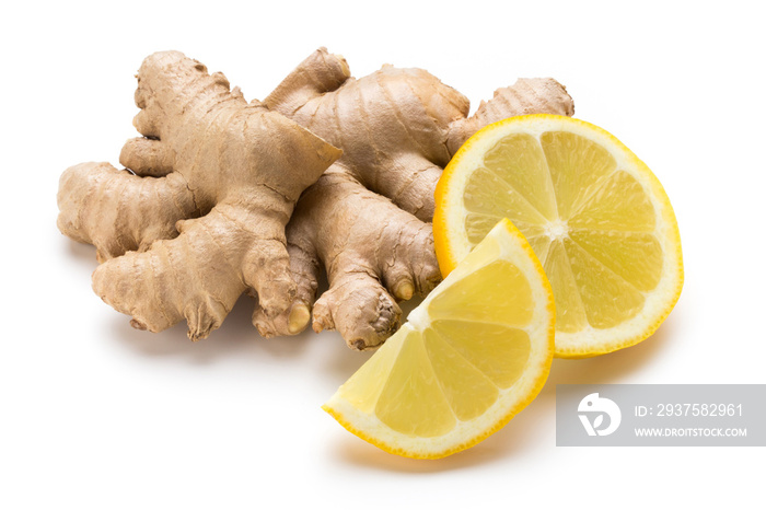 Ginger bio and lemon on white background.