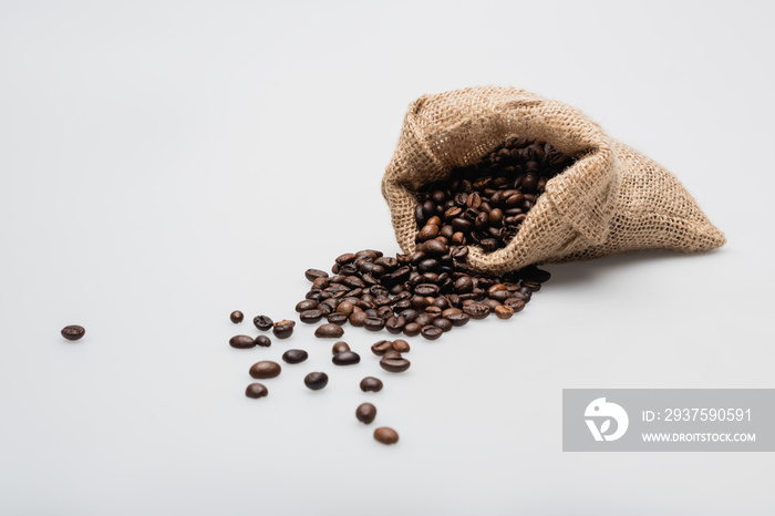 hessian sack bag with roasted coffee beans on white