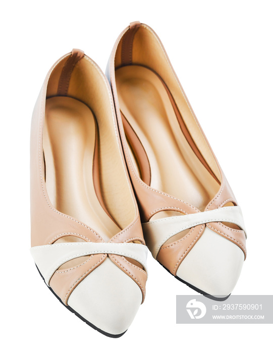 Pair of beige womens shoes isolated on a white background.