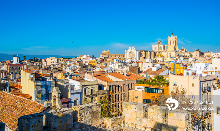 Aerial view of tarragona taken from the circo romano with the cathedral of saint mary on background