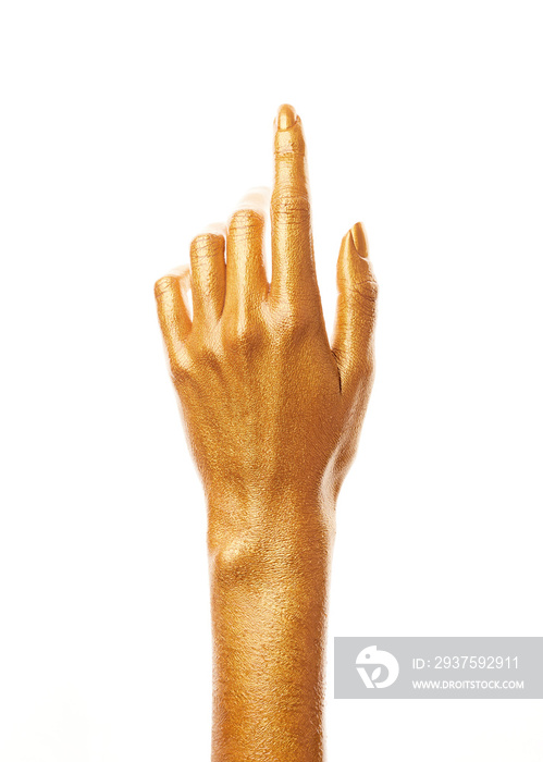 金黄色的手。金色的手指。黑色背景上隔离的女性手。白人女性的手