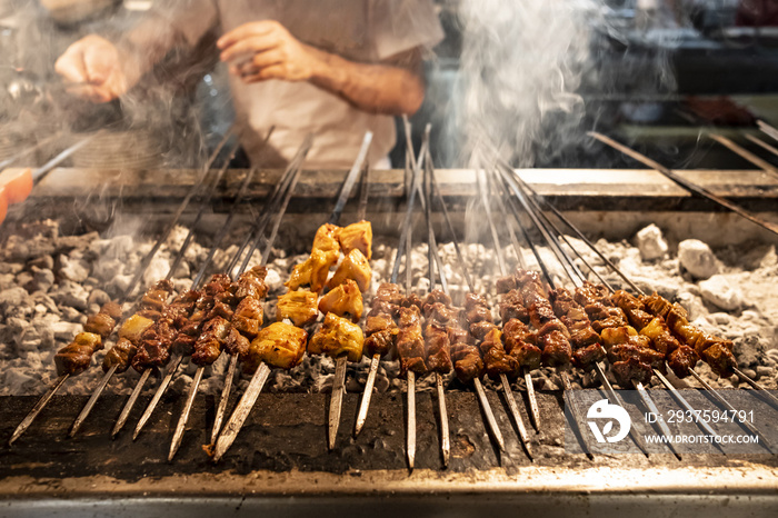 Turkish chicken shish kebab on grill