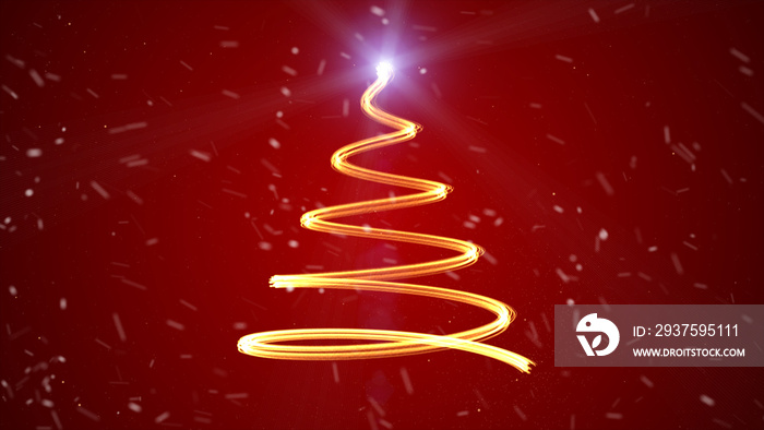 红色背景下的圣诞树路径形状上闪烁着金色颗粒。庆祝抽象背景