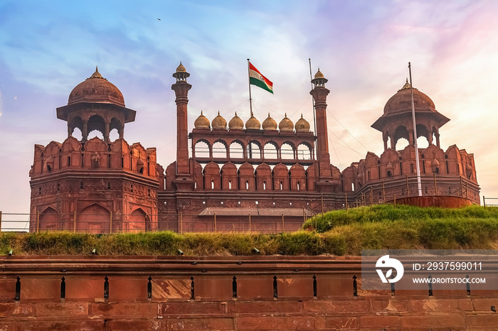 Historic Red Fort Delhi at sunrise. Red Fort is a medieval Indian architecture masterpiece designate