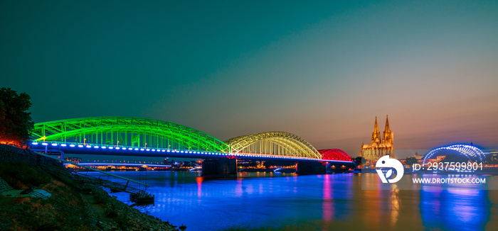 Panoramic view of Cologne Cathedral at the blue hour, Germany.