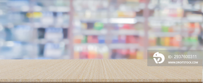 blur local supermarket convenience fresh beverage zone store background with wood perspective tablet