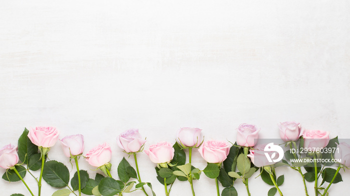 Flowers valentine day composition. Frame made of pink rose on gray background. Flat lay, top view, c